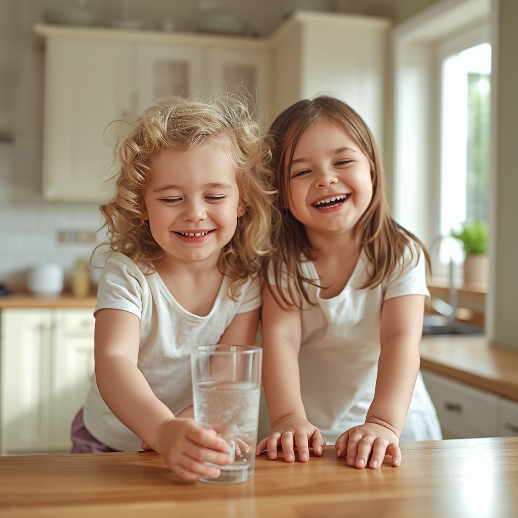 Two happy children drink water from a Bregus filter