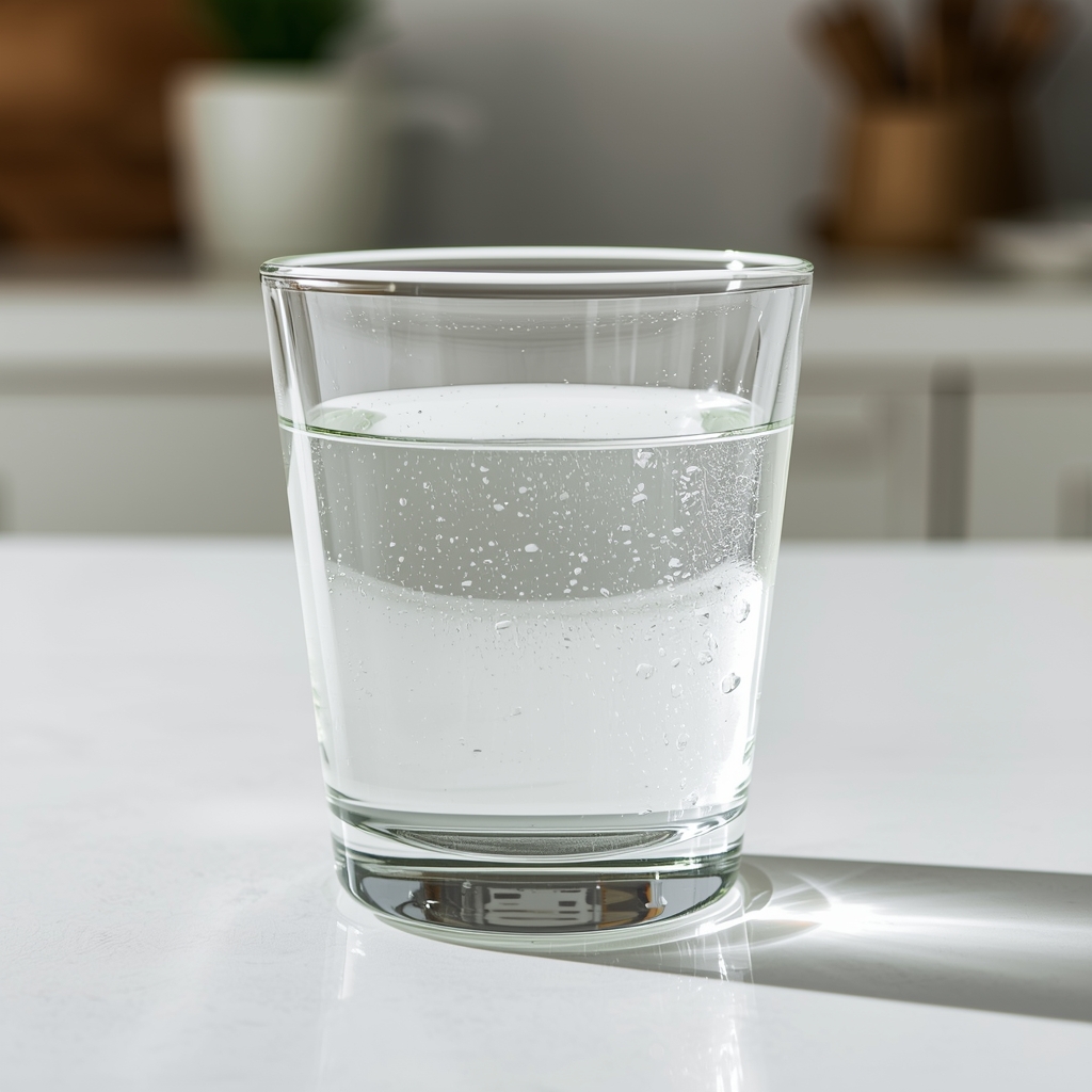a close-up of a glass of transparent water from bregus water filter on a white kitchen table